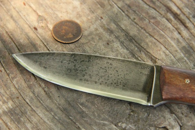 Aged knife blade, Lucas Forge Knives, Custom Hunting Knife