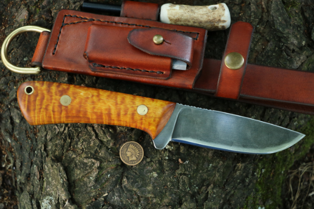 Curly Maple Knife, Elk River Hunter, Elk River Hunter Knife, Custom Hunting Knives, Custom Camping Knife, Lucas Forge, USA Made Knives, Trekker Sheath, Hunter Knife
