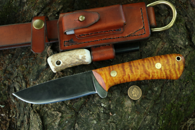 Curly Maple Knife, Elk River Hunter, Elk River Hunter Knife, Custom Hunting Knives, Custom Camping Knife, Lucas Forge, USA Made Knives, Trekker Sheath, Hunter Knife